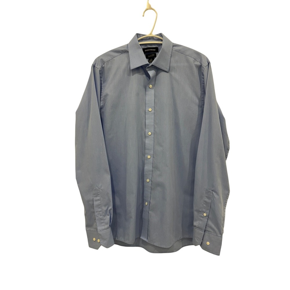 Dockers Mens Dress Shirt 15 34/35 Light Blue Textured Stripe Wrinkle Free